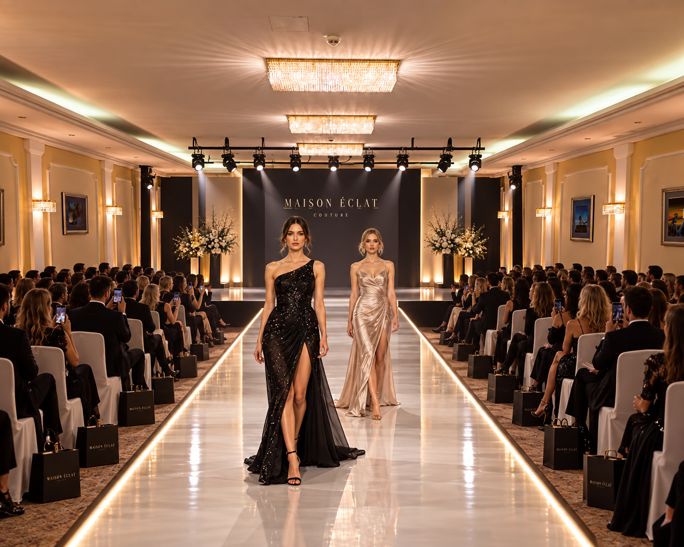 Model auf dem Laufsteg einer Fashion Show im Theatersaal