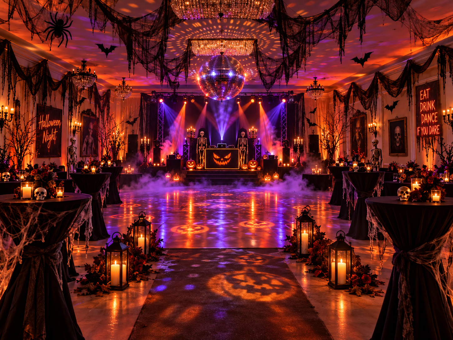 Halloween-Disco mit DJ und farbiger Beleuchtung
