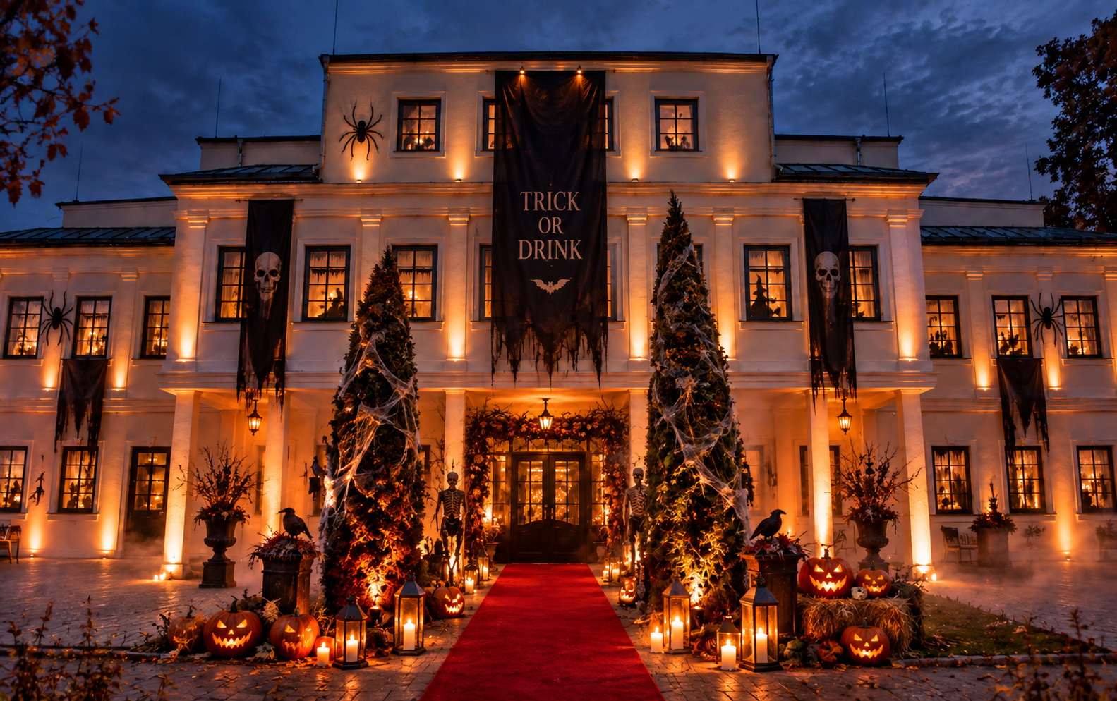 Halloween-Empfang vor dem beleuchteten Haus