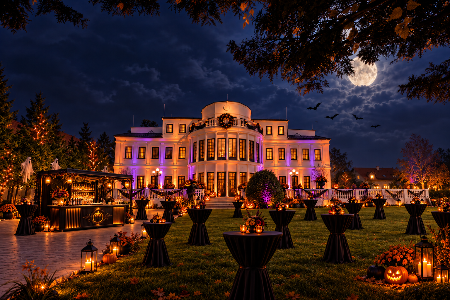 Halloween-Empfang mit Bar und Stehtischen im Garten