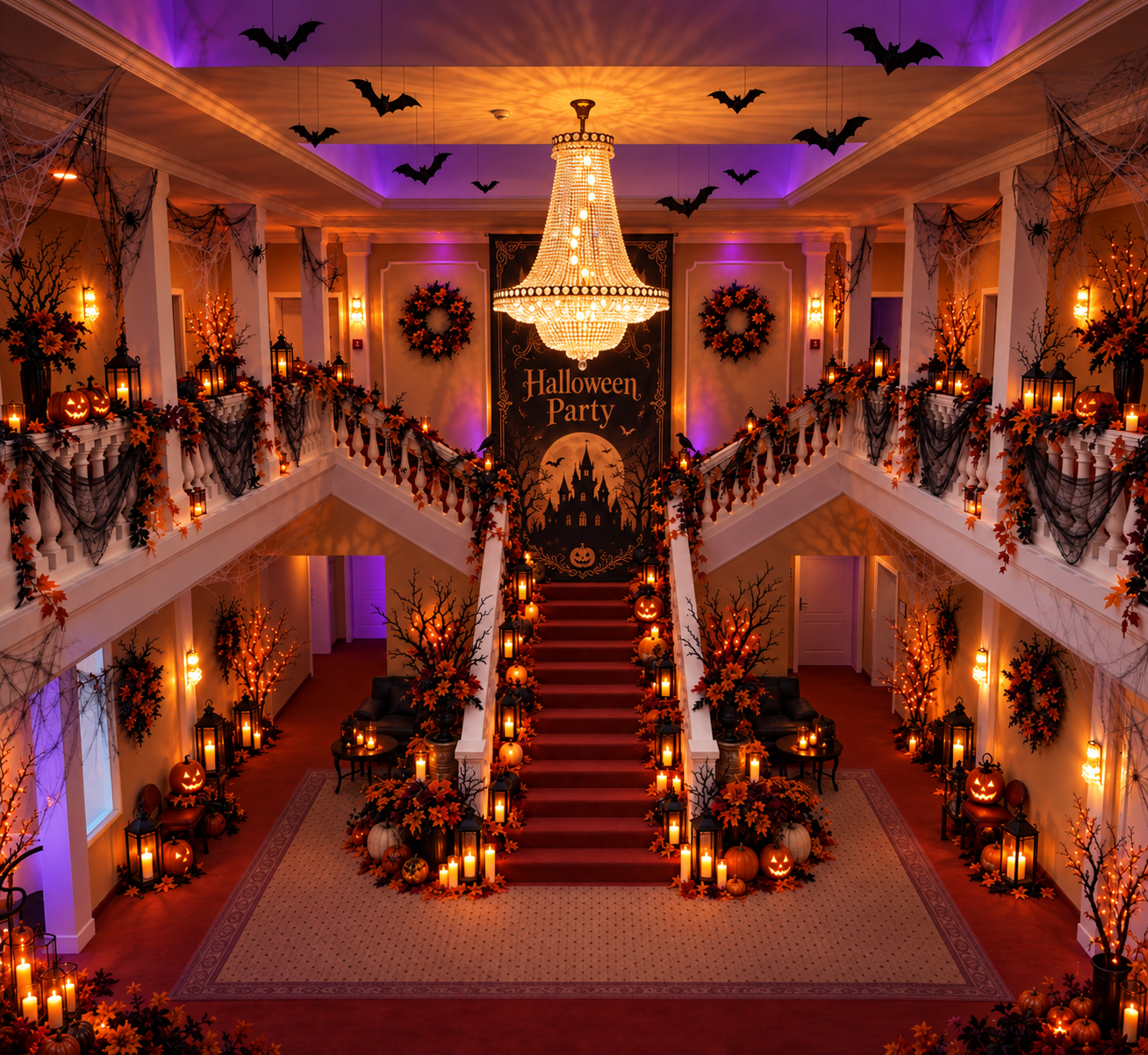 Halloween-Dekoration an der großen Treppe des Atriums