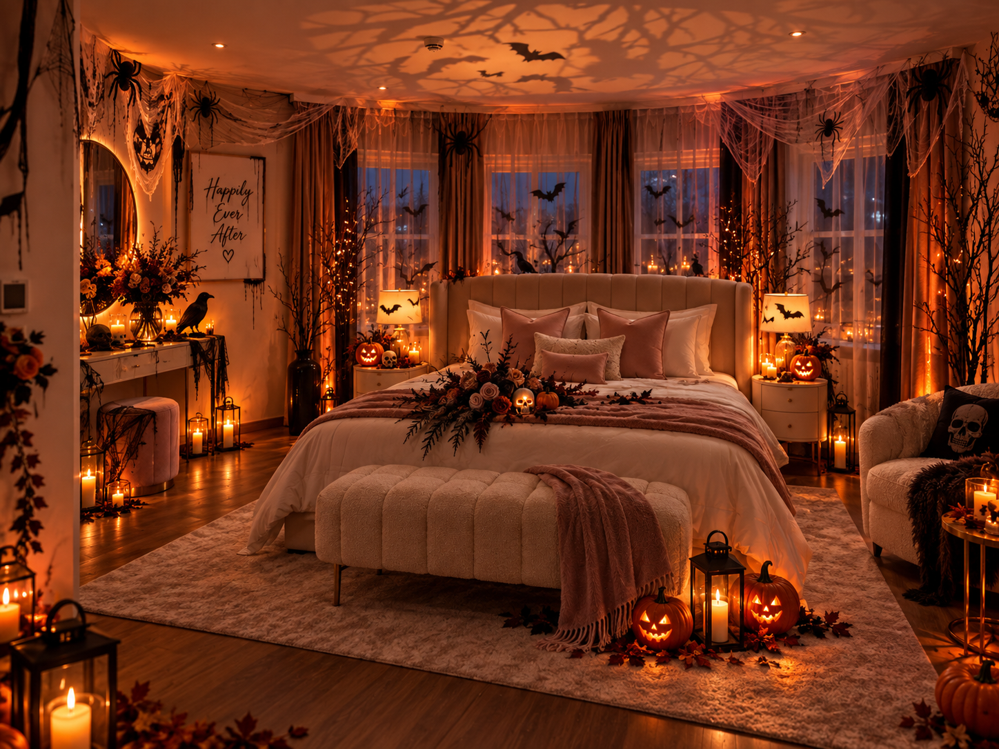 Gemütlich dekoriertes Schlafzimmer mit Halloween-Details