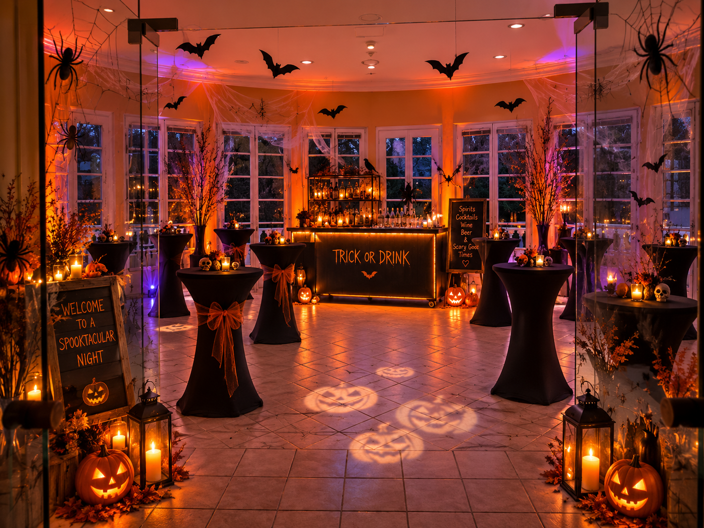Halloween-Empfang im dekorierten Wintergarten