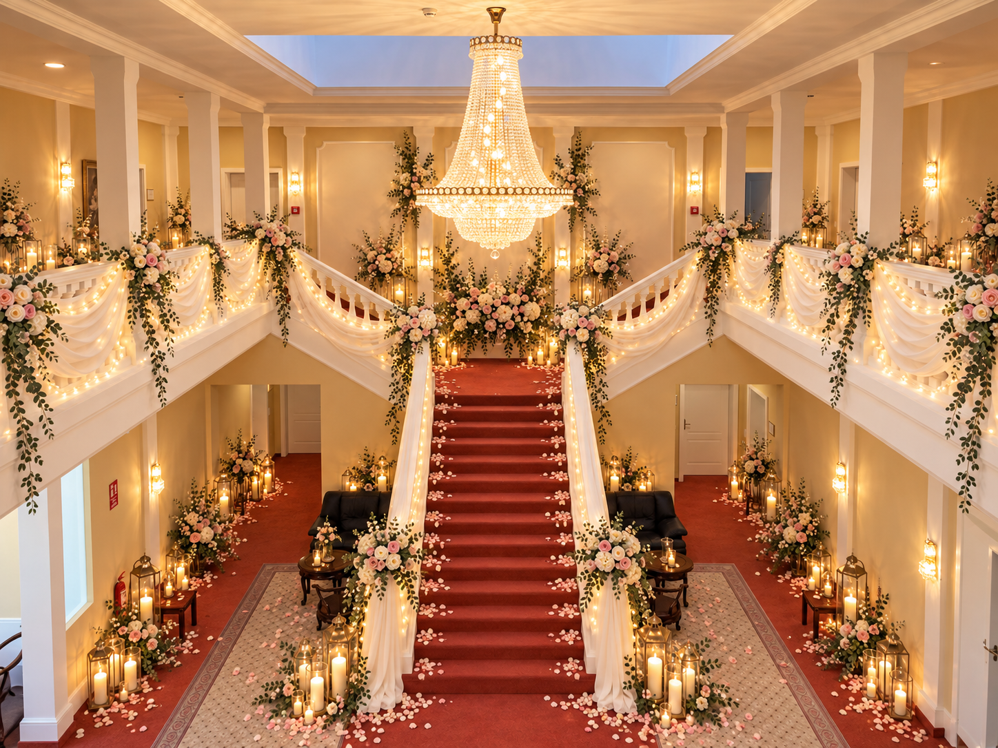 Festlich dekorierte Treppe mit Blumen und Kerzen