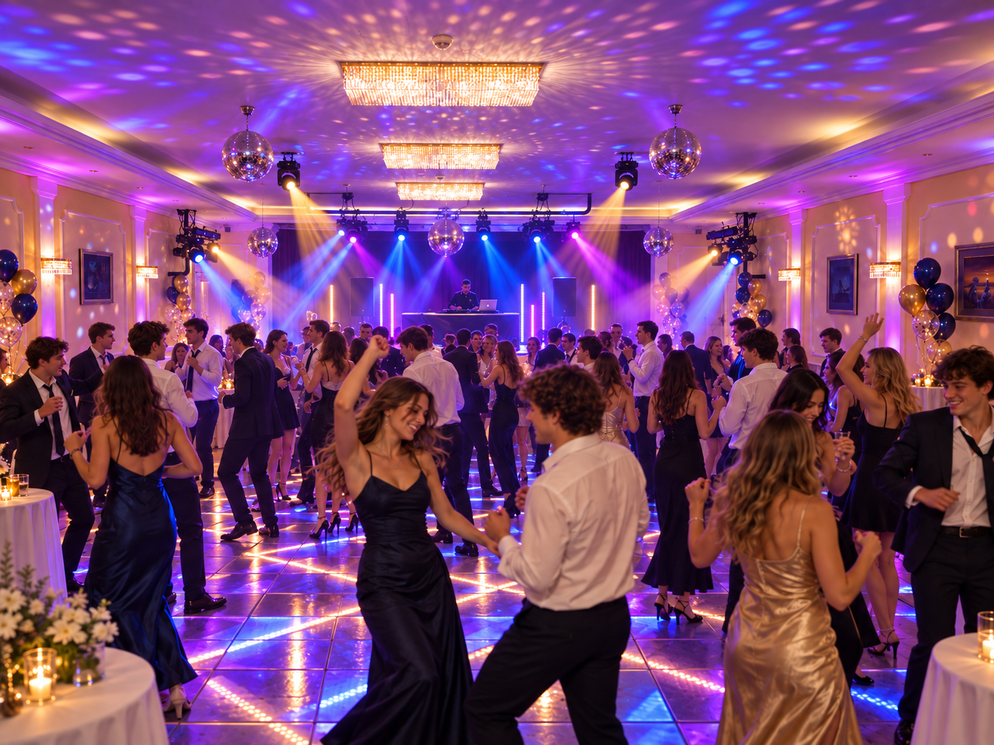 Maturaball-Disco mit farbigen Lichteffekten und Tanzfläche