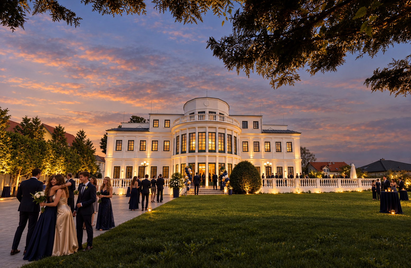 Maturantinnen und Maturanten feiern im Garten bei Sonnenuntergang