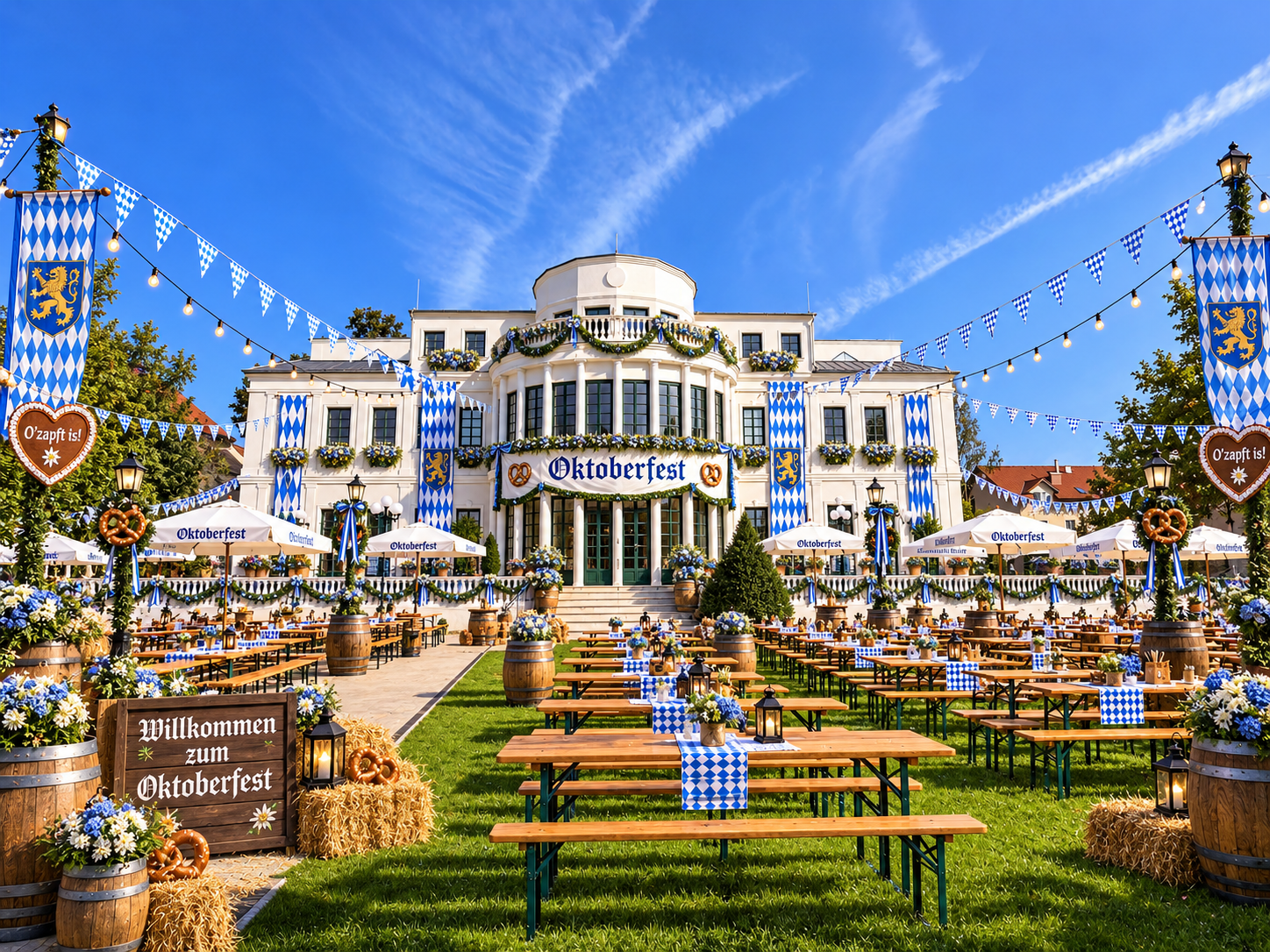 Oktoberfest mit Biergarten und Bänken im Garten