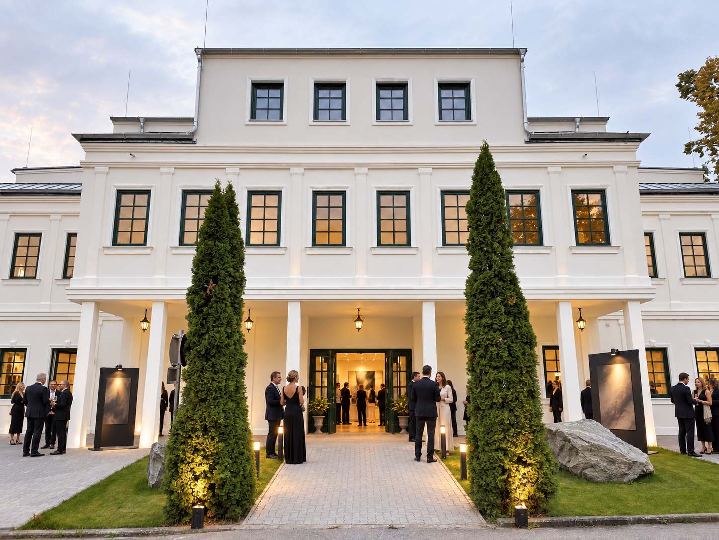Abendliche Ausstellungseröffnung vor dem Haus