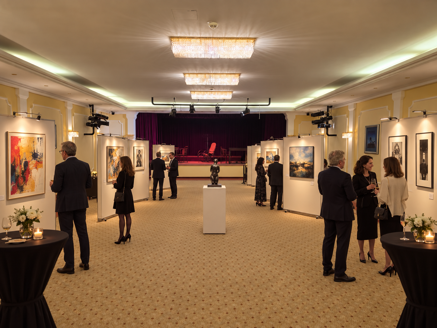 Ausstellung im Theatersaal mit Gästen und Kunstwerken